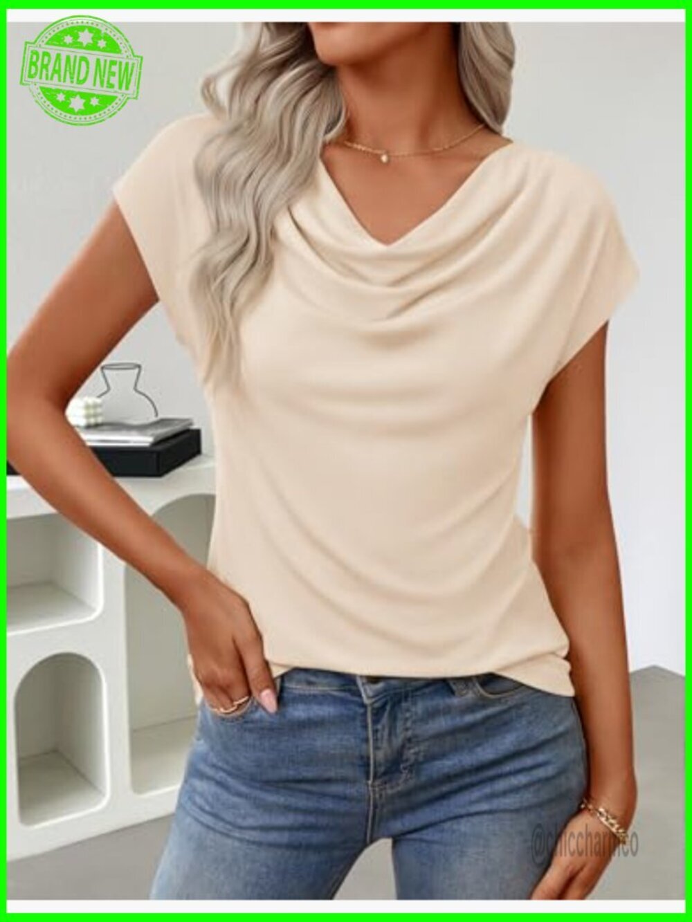 Women's Short Sleeve Cowl Neck Knit Blouse Business Casual Work Top - Picture 4 of 7